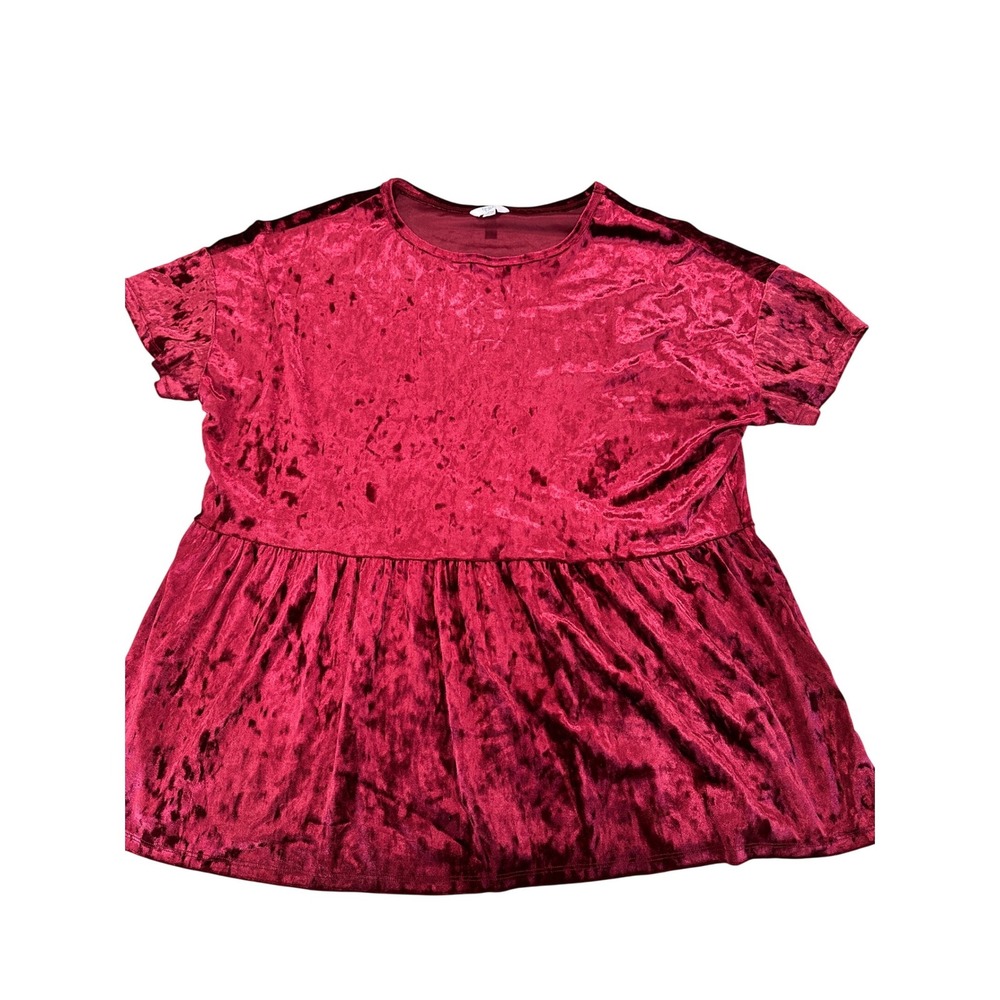Womens XL Red Crushed Velvet Babydoll Peplum Top Short Sleeve Blouse